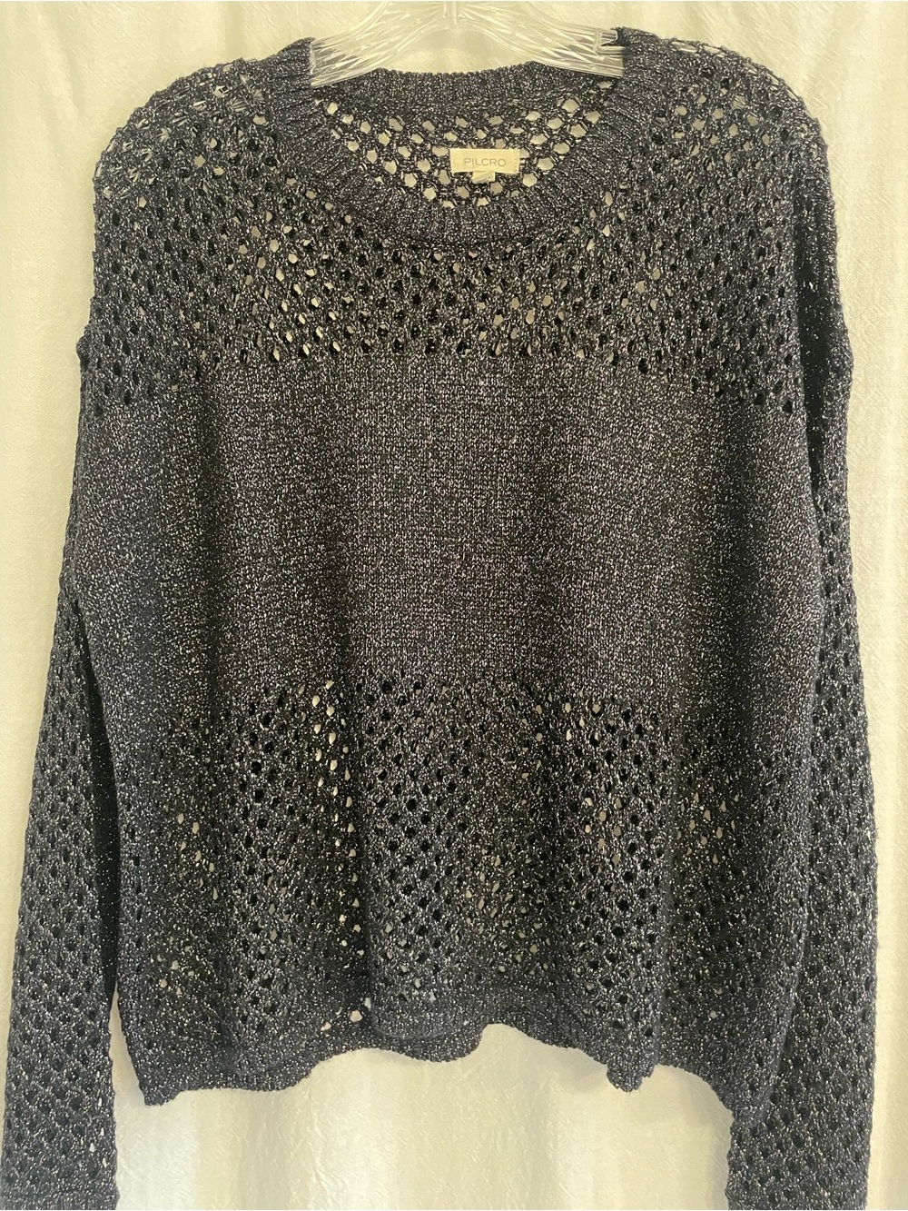 Pilcro Black and Silver Open-Weave Crewneck Sweater, size Small